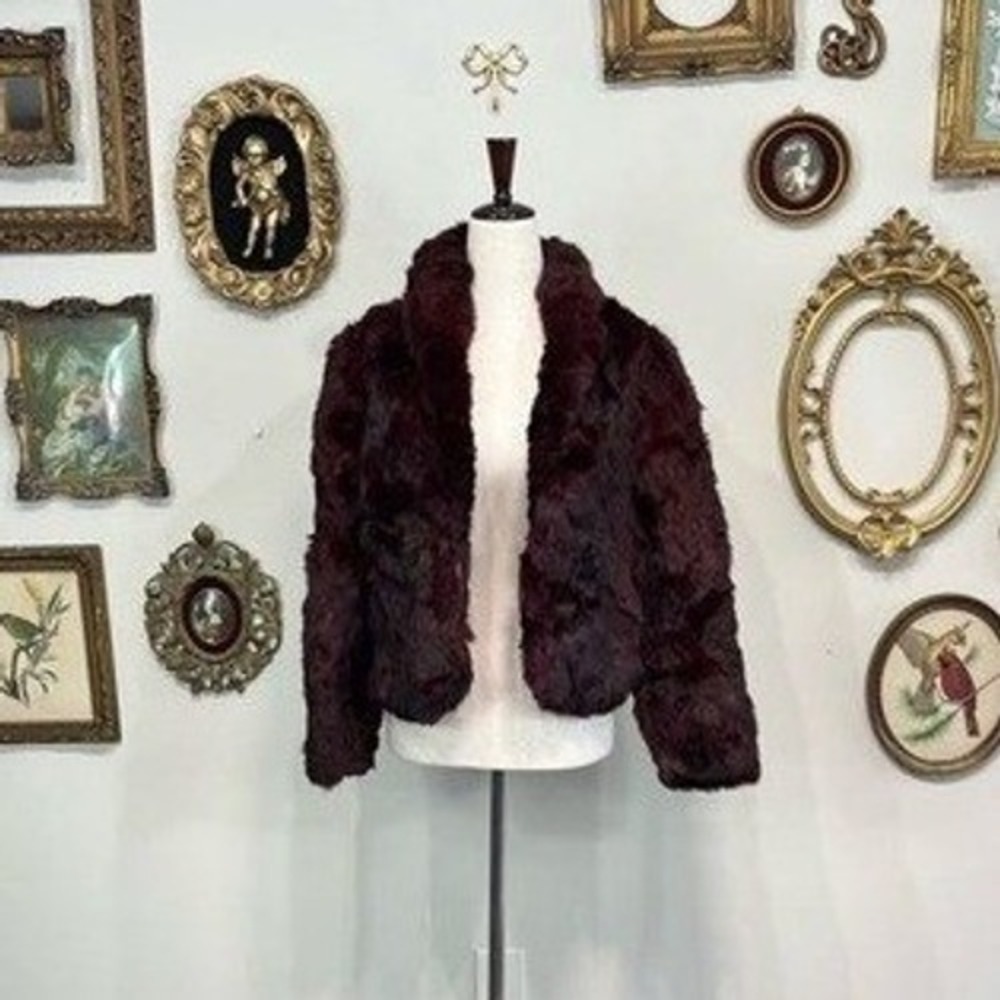 Vintage Burgundy Dyed Rabbit Fur Cropped Jacket Y2K Boho Glam